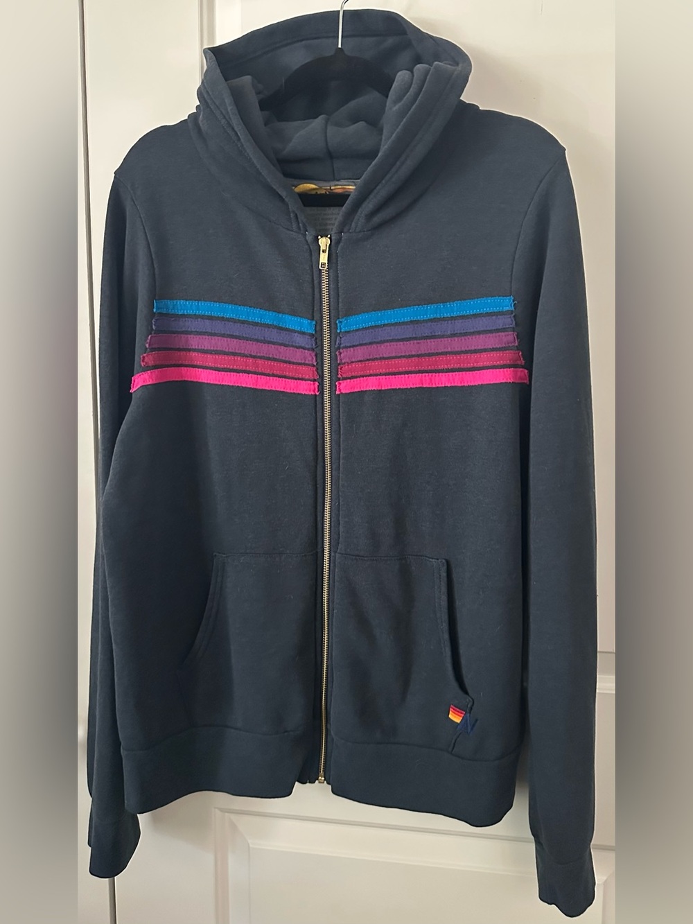 Aviator Nation 5 Stripe Zip Hoodie Navy Pink Rainbow Size L Like New